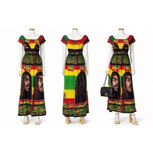 Bob Marley Rasta Reggae Women's Maxi Dress Smocked Rayon Boho VTG Y2K
